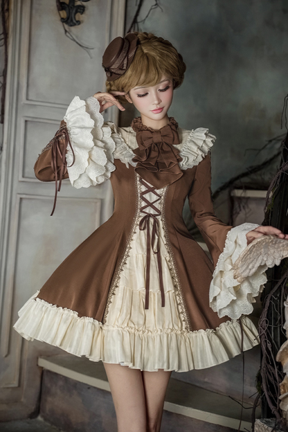 Lace Stand Collar Flared Sleeve Twin Doll Lolita Dress + Collar + Hat