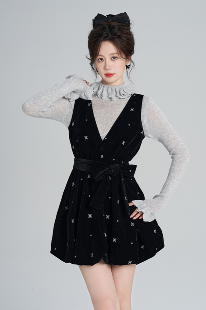 French Black Velvet Ribbon Balloon Dress