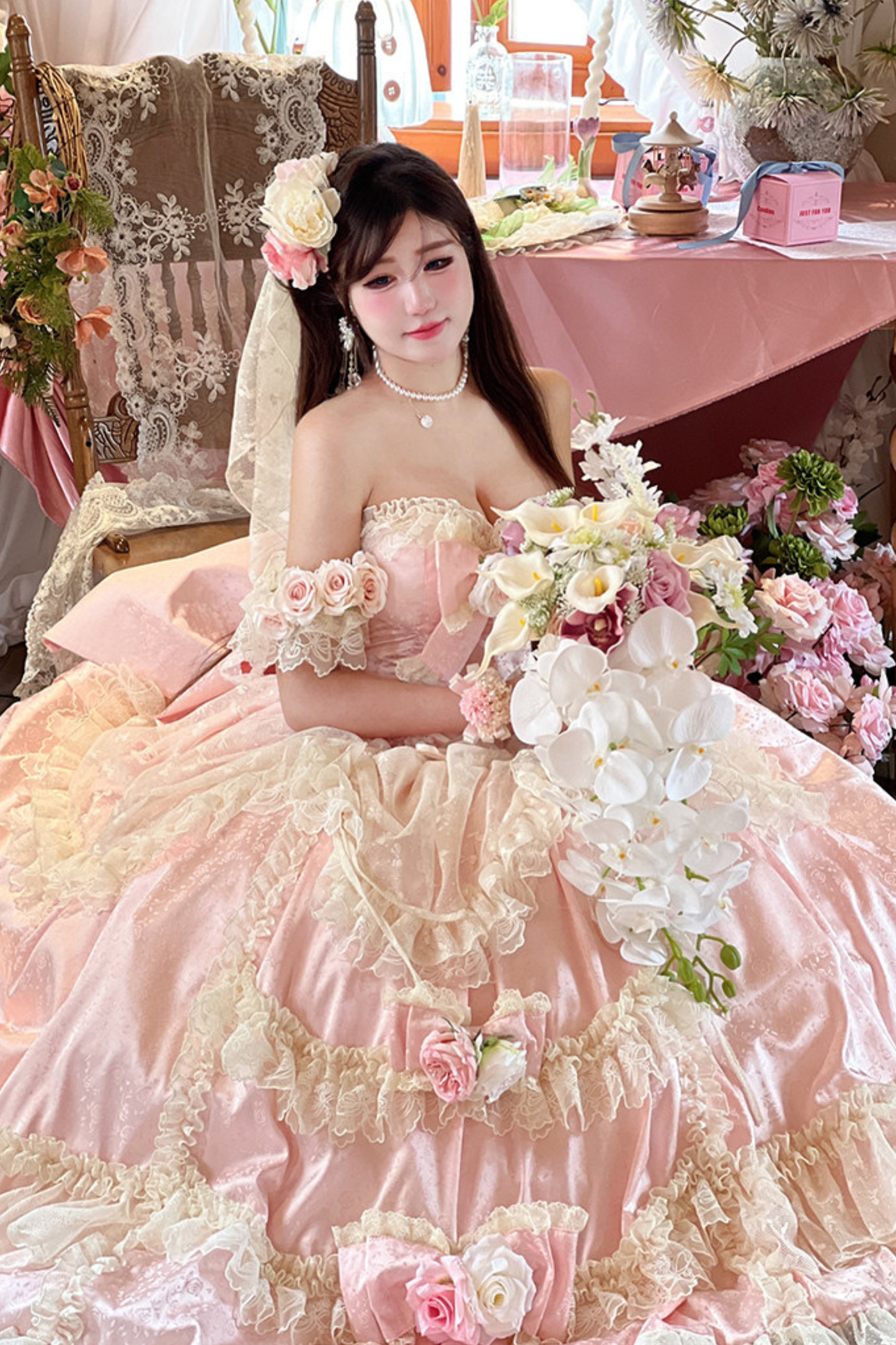 Love and Flower Sweet Dress + Ribbon Hair Accessory + Flower Hair Accessory