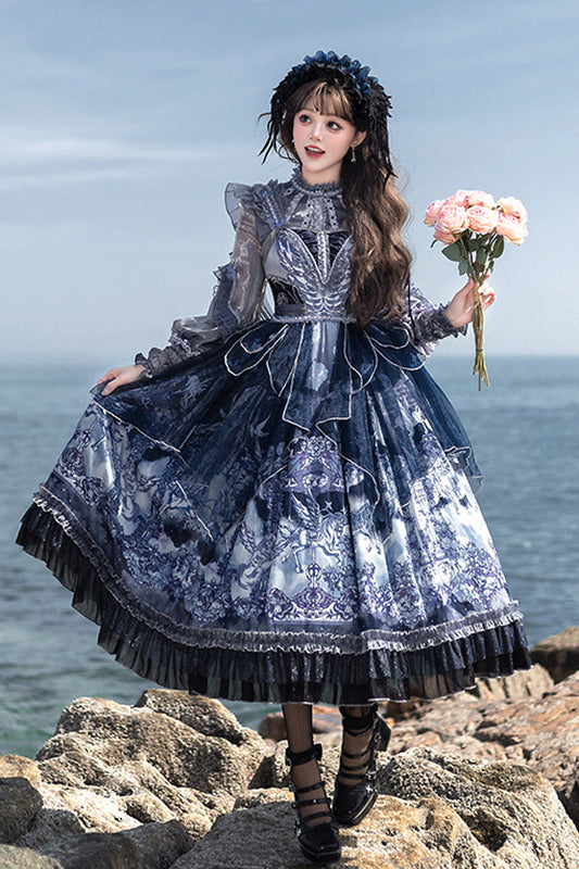 Blue [angel Garden] Print Ruffle Bowknot Asymmetric Classic Lolita Jsk Dress