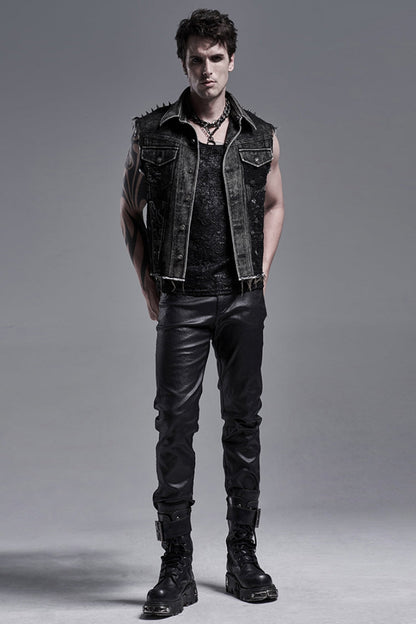 Black Rivets Lapel Collar Sleeveless Steampunk Denim Vest