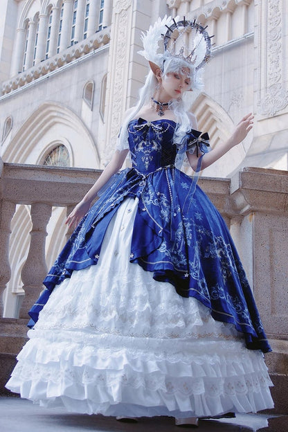 [pre-order Deadline: May 3] Dark Blue White Corset Lace Ribbon Lolita Jsk Princess Dress + Complete Set