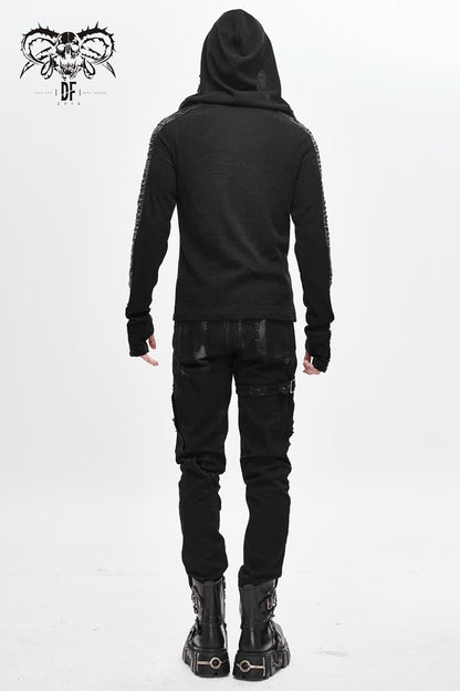 Black Chest Lace Up Vertical Stripes Woolen Splice Bright Crimped Fabric Hooded Punk T-shirt