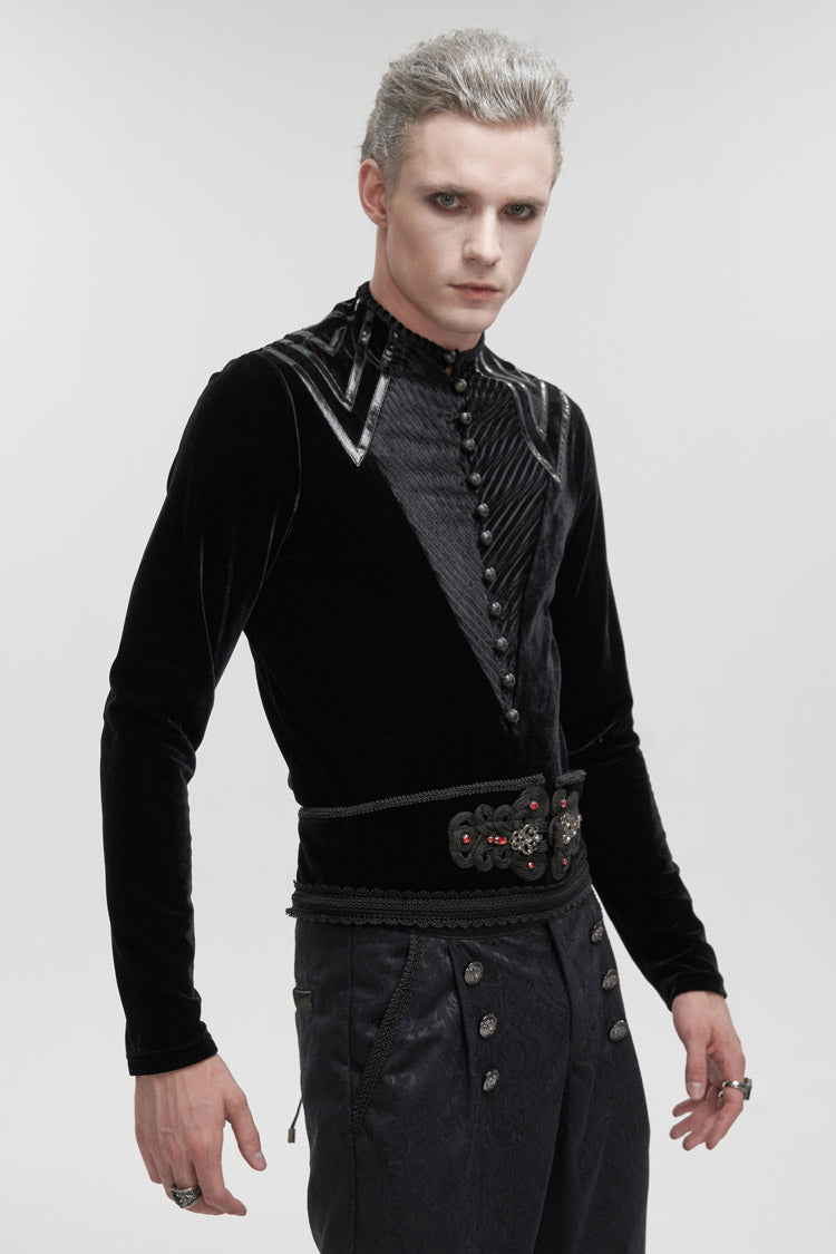 Black Round Collar Long Sleeves Stripes Splice Velvet Gothic Shirt