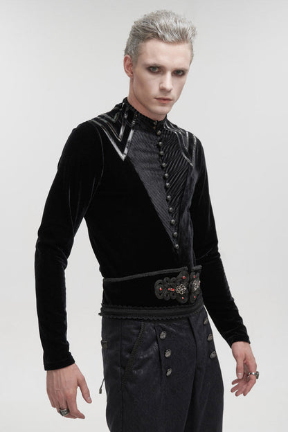 Black Round Collar Long Sleeves Stripes Splice Velvet Gothic Shirt