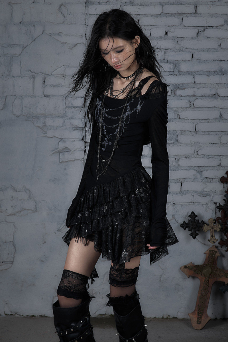 Punk Lace Hood Asymmetrical Dress