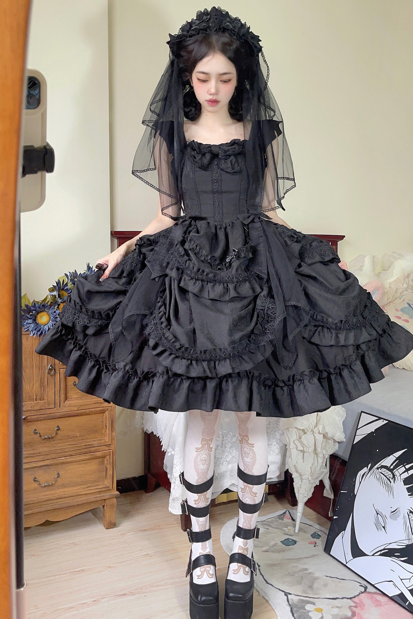 Dark Gothic Ruffle Lolita Dress + Waist Belt + Train + Hairband