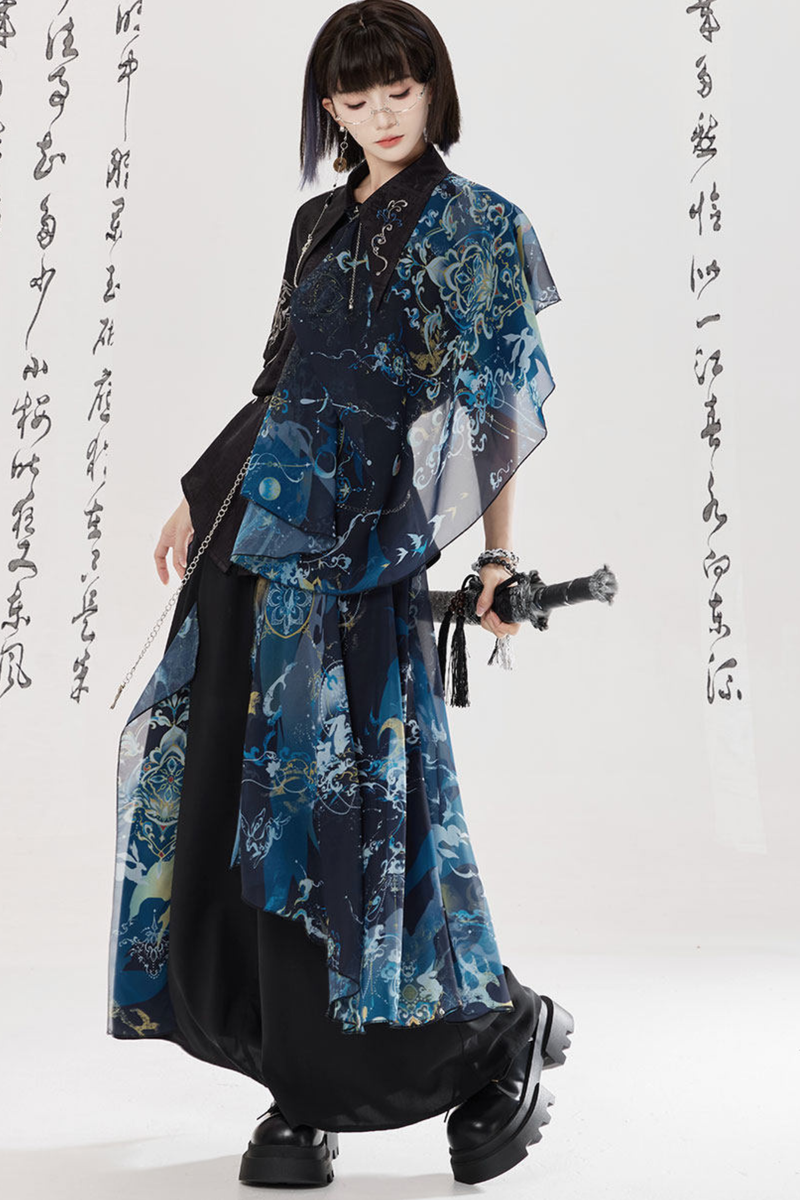 Dark Chinese-style Shirt + Wide Leg Pants + Chain + Belt