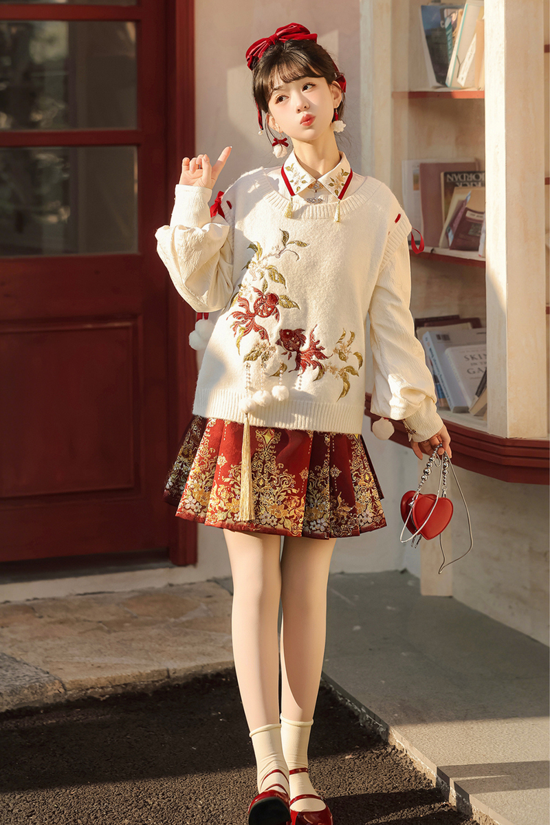 China Snow Knit Vest + Shirt + Skirt