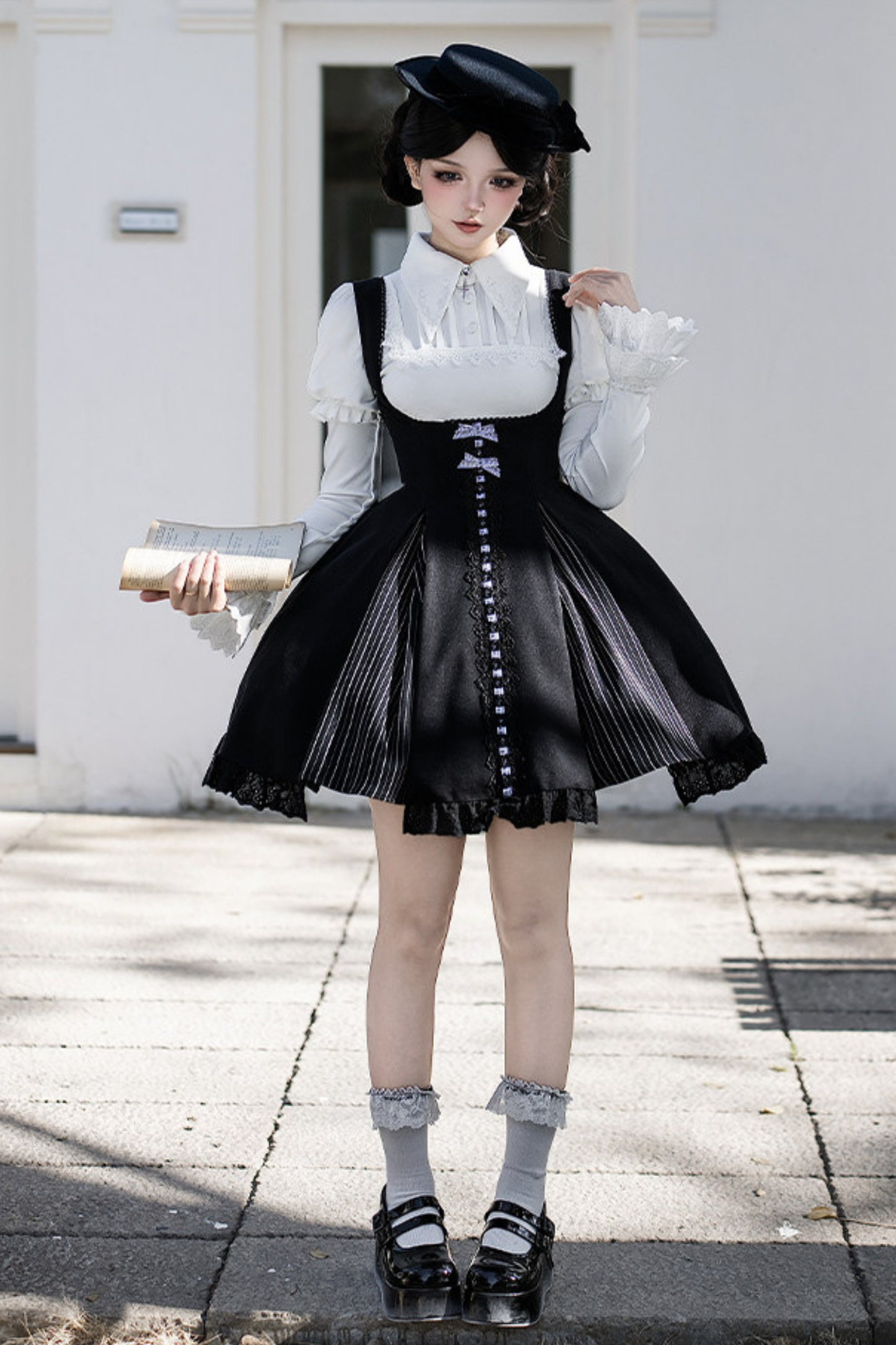 Sweet Lolita Flare Jumper Skirt + Tops + Hat + Ribbon + Collar