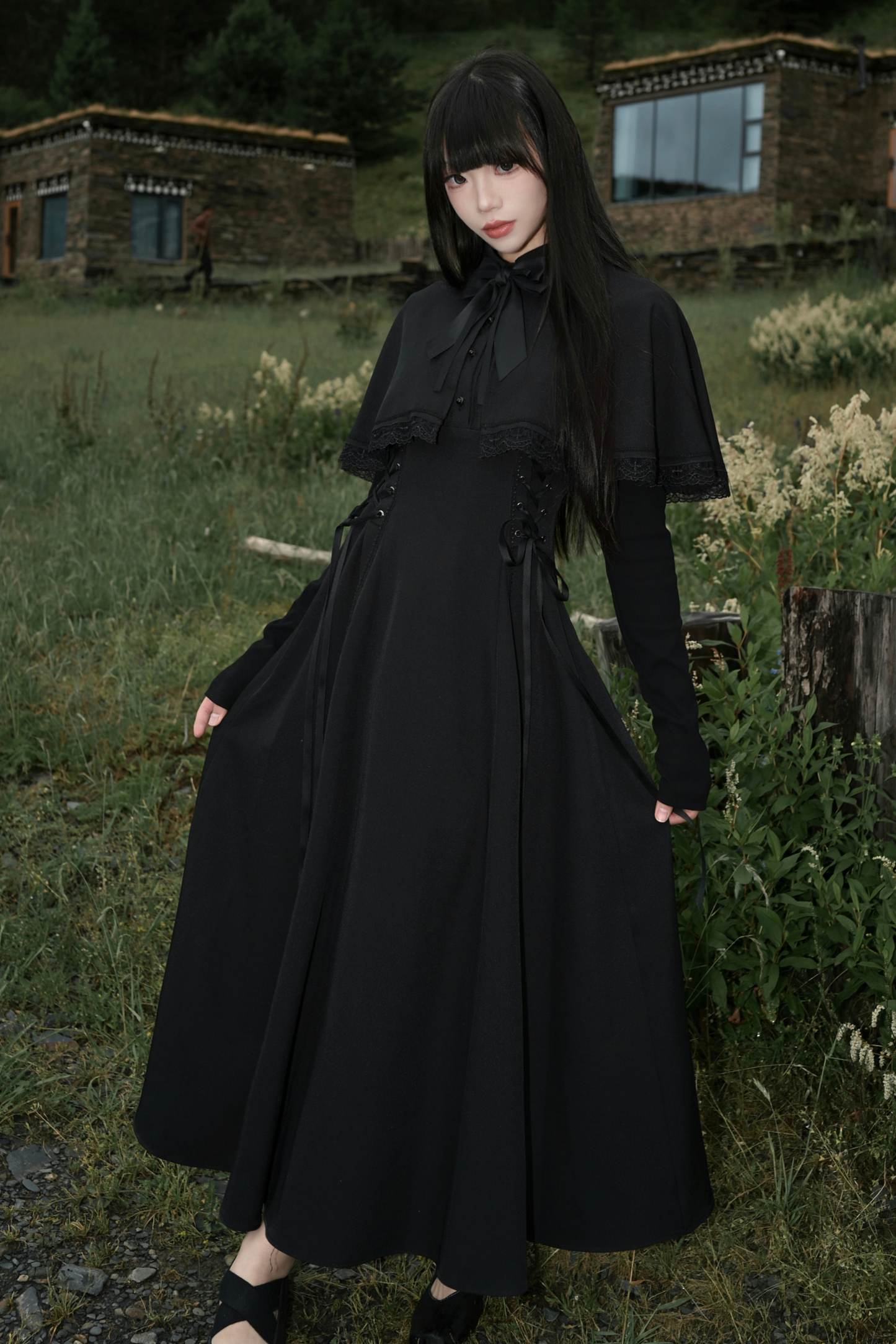 French Cape Dark Dress