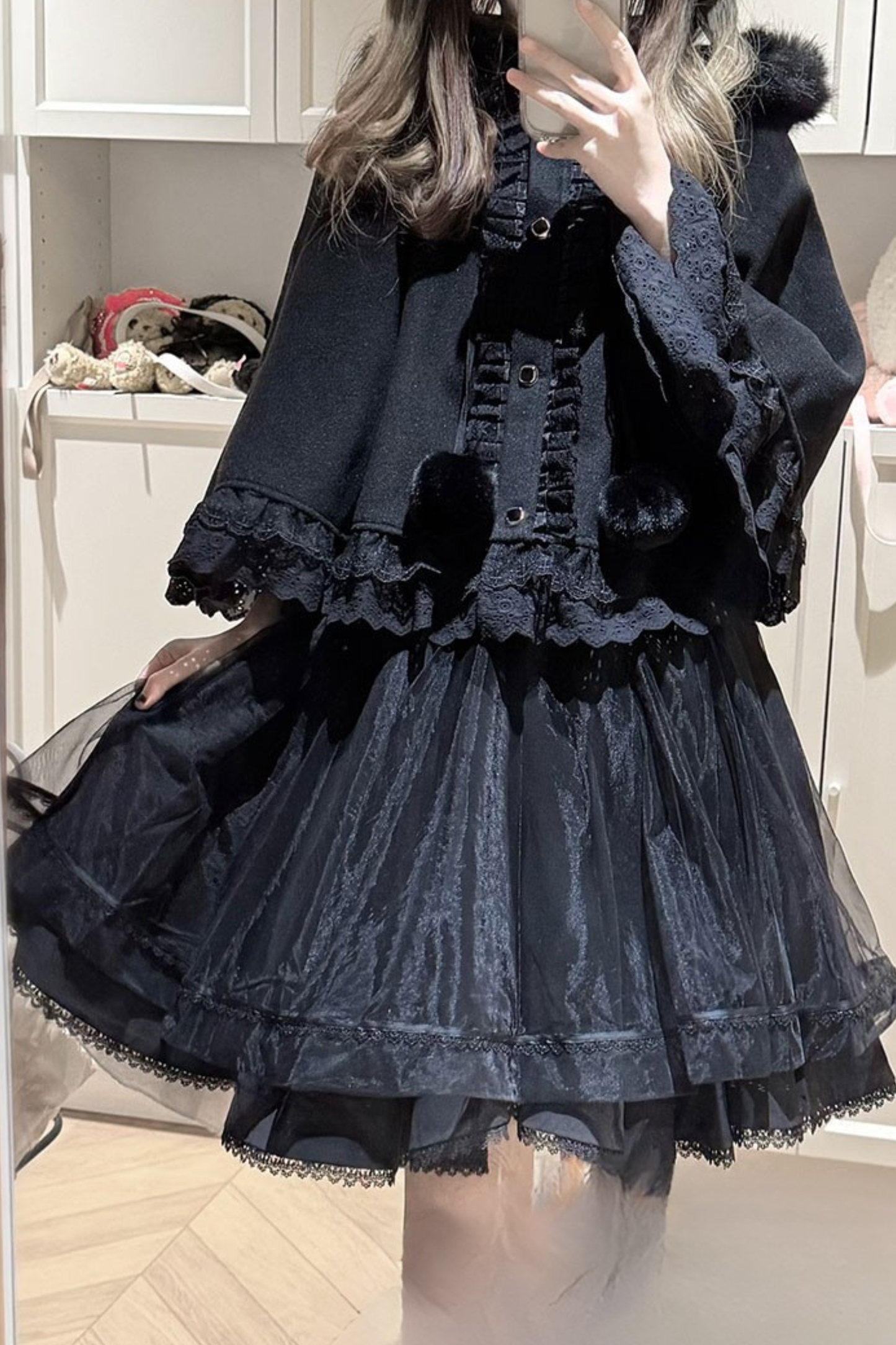 Fur Hooded Mantle + Tops + Skirt