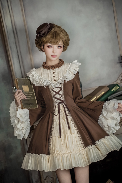 Lace Stand Collar Flared Sleeve Twin Doll Lolita Dress + Collar + Hat