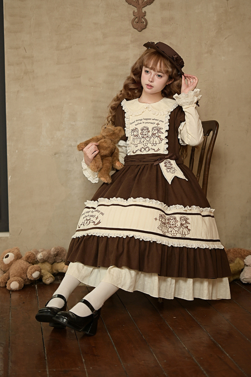 Doll Fairytale Lolita Dress + Bow Brooch + Belt + 2way Embroidery Brooch