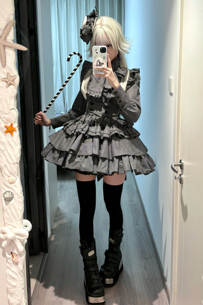 Striped Gothic Lolita Shirt + Tiered Skirt