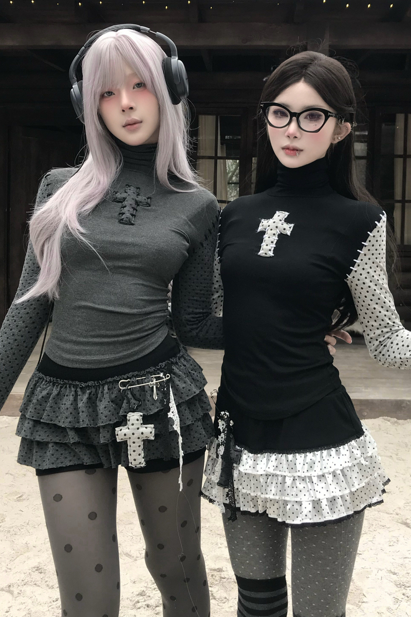 Cross Dot Turtleneck Top + Skirt + Pendant