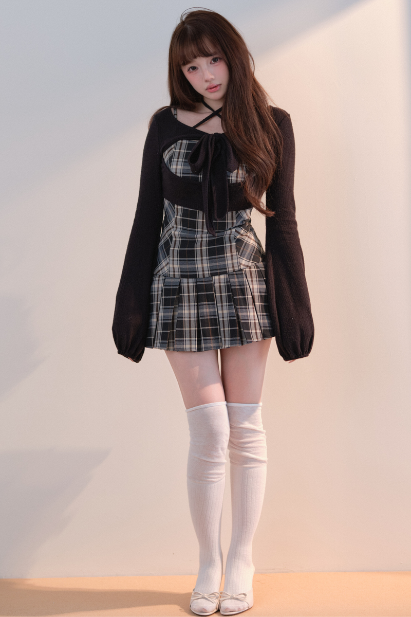 Checkered Dress + Short Knit Top