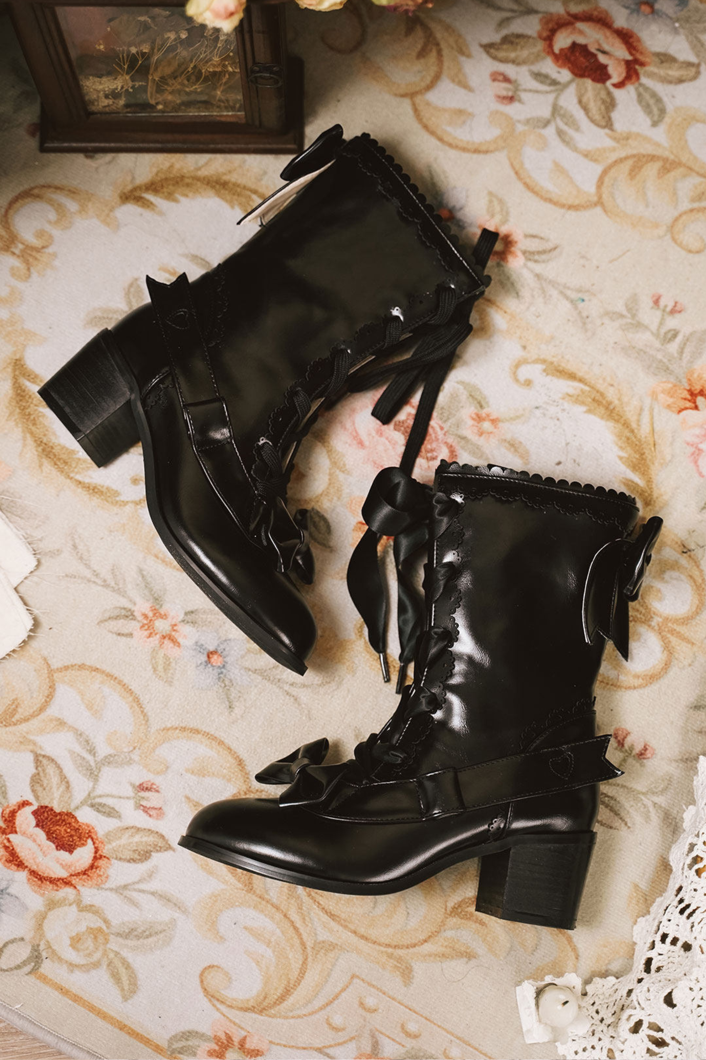 Ribbon Lace Up Mid Calf Boots