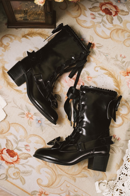 Ribbon Lace Up Mid Calf Boots