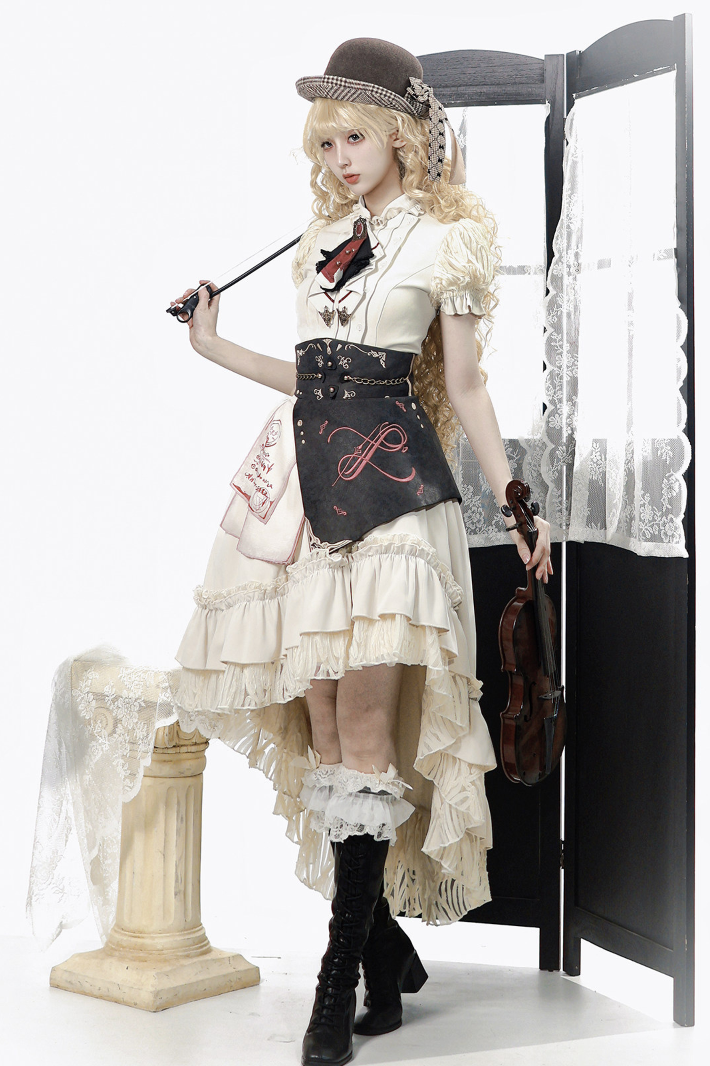 Lolita Puff Sleeve Top + Asymmetrical Skirt + Corset