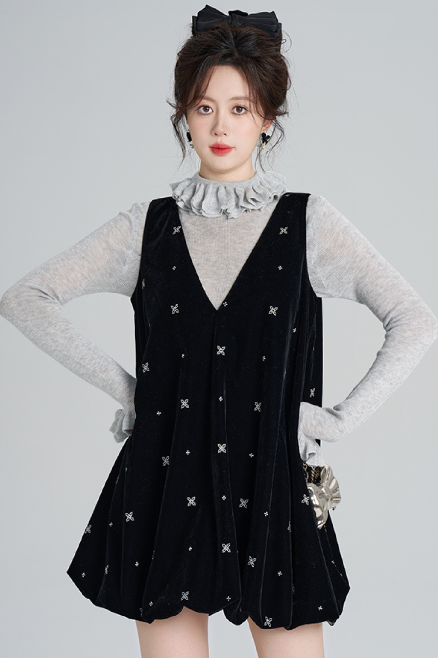 French Black Velvet Ribbon Balloon Dress