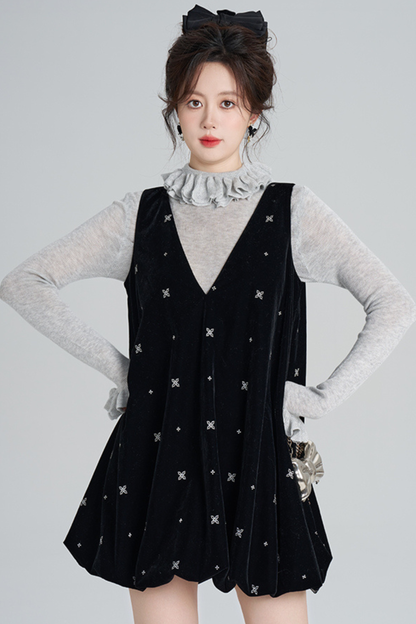 French Black Velvet Ribbon Balloon Dress