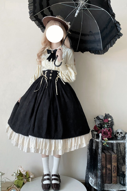 Retro Lolita Shirt + Lace-up High-waist Lolita Skirt