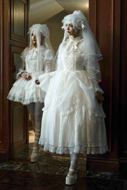 White Gothic Gemini Lolita Dress + Corset + Ribbon + Headband + Veil