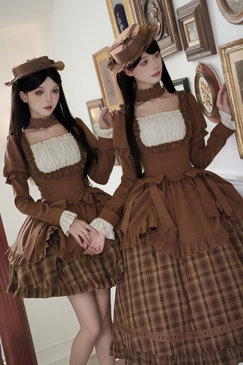 Sweet Checked Doll Dress + 2-way Ribbon + Bow + Hat
