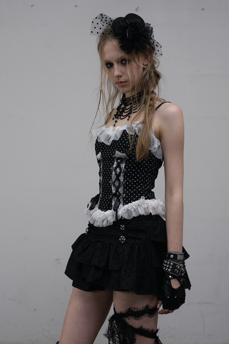 Dark Punk Polka Dot Lace Up Camisole