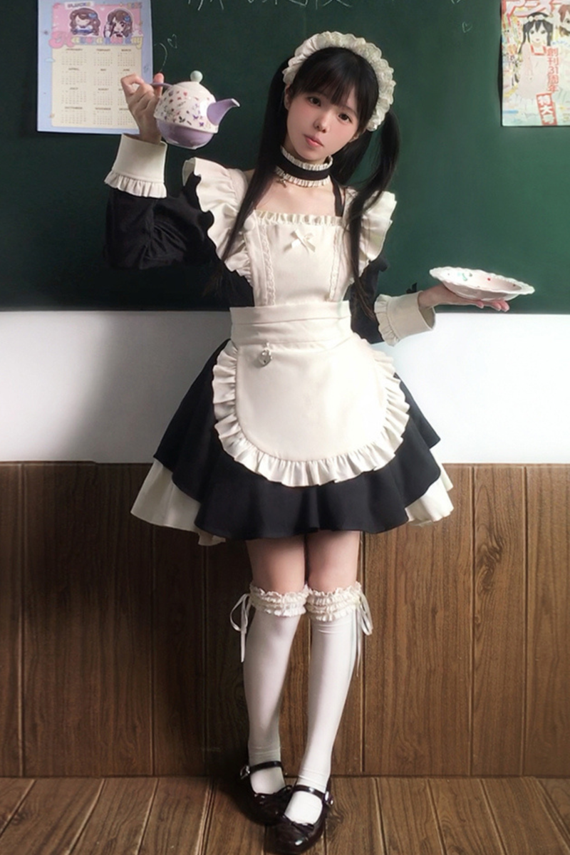 Twin Ruffle Maid Lolita Dress + Apron + Choker + Headband + Bow + Leg Warmers
