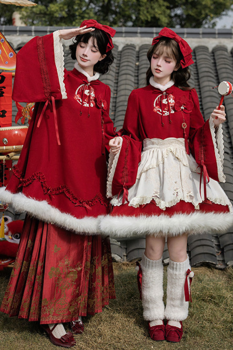 Chinese-style Big Sleeve Dress + Apron + Skirt + Leg Warmers + Hairband + Clip + Pin