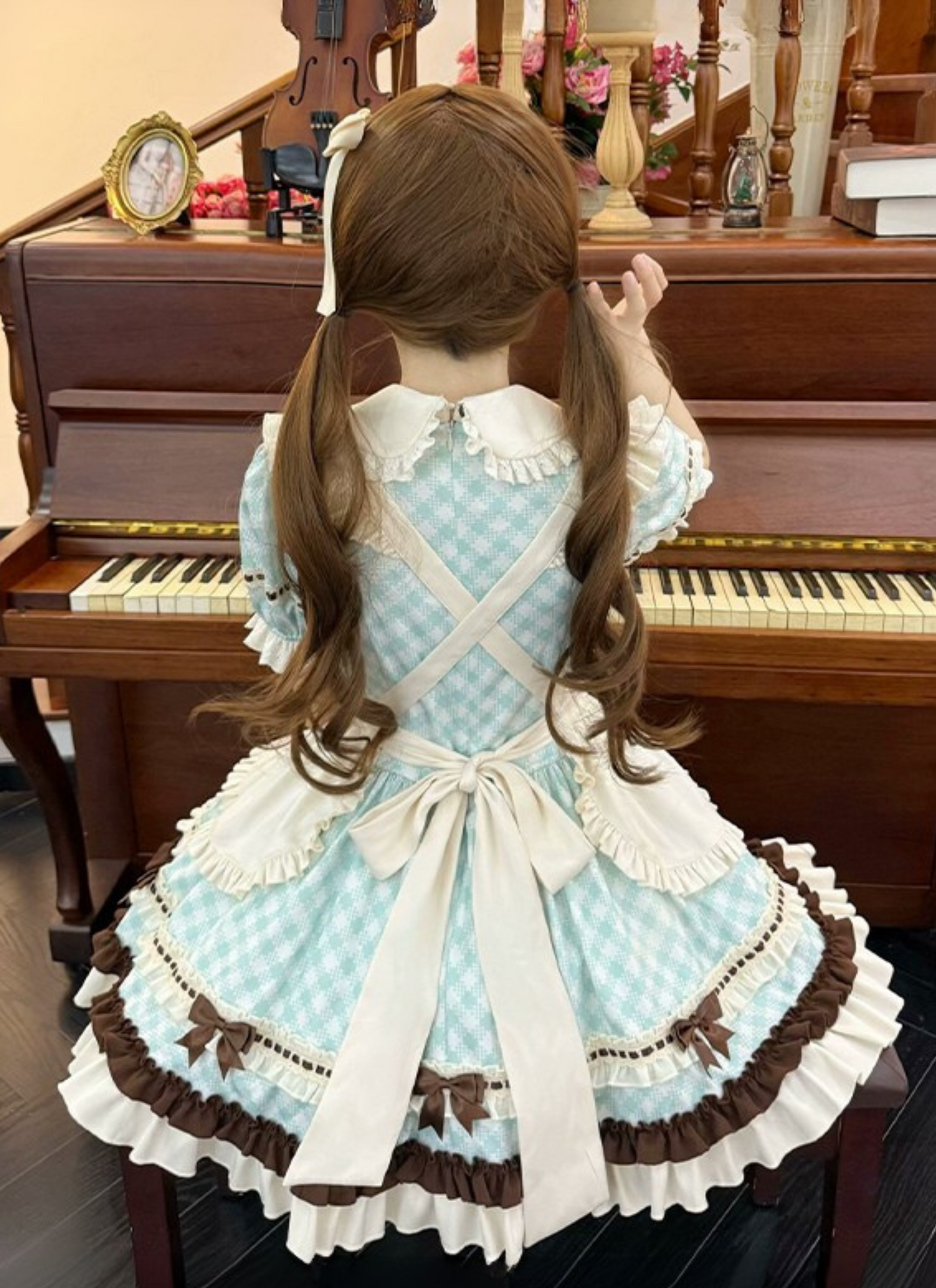 [pre-order] Bunny Ear Hair Clip + Pink Blue Sweet Maid Apron Dress