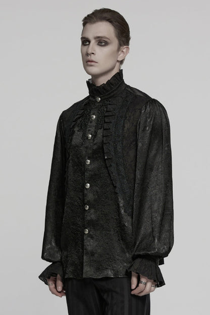 Black Stand Collar Long Puff Sleeves Jacquard Ruffle Embroidery Gothic Blouse