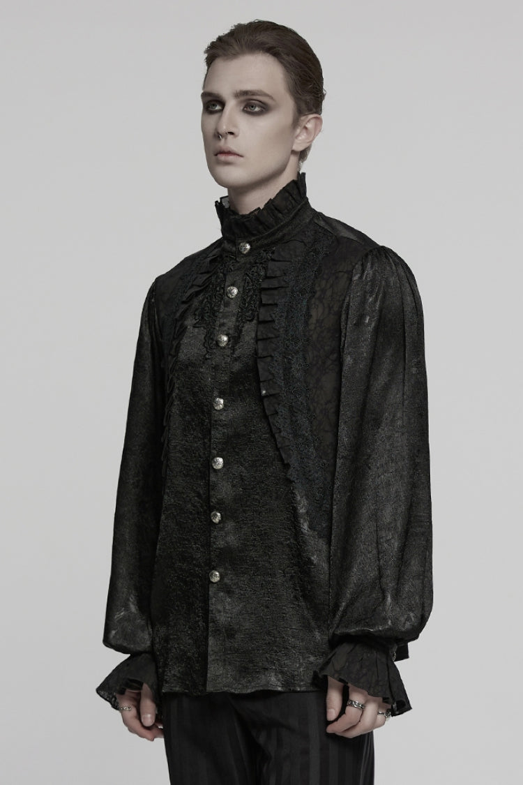 Black Stand Collar Long Puff Sleeves Jacquard Ruffle Embroidery Gothic Blouse