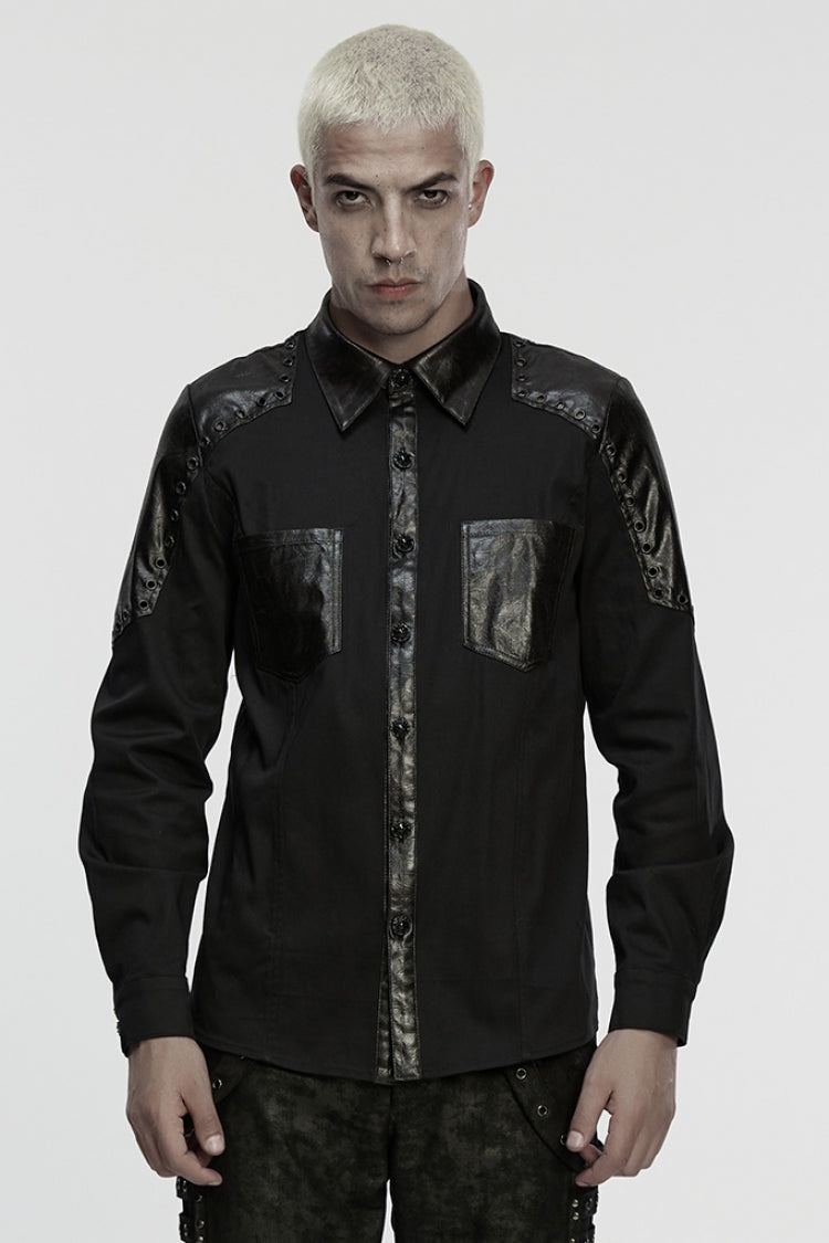 Black Lapel Collar Long Sleeves Stitching Eyelet Punk Blouse