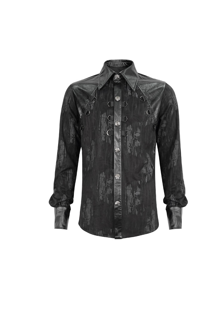 Black Ribbed Metal Chain Hand-painted Velveteen Paneled Leather Punk Shirt