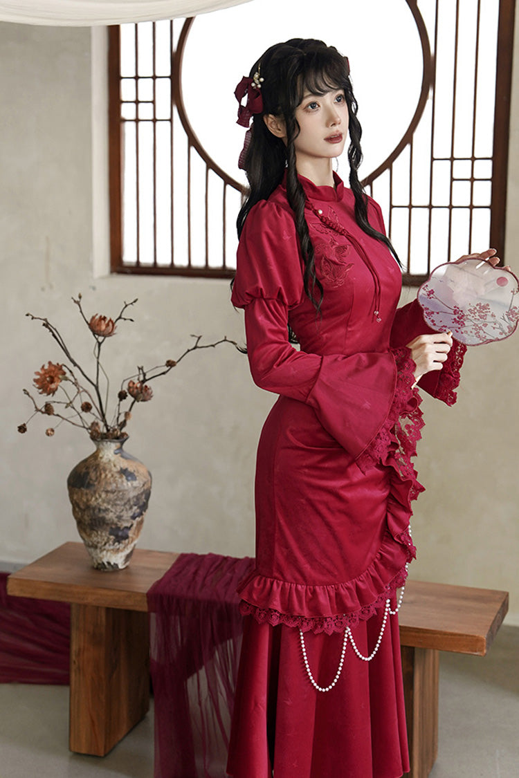 Red Long Sleeves Ruffle Embroidery Bowknot Lace Classic Chinese Style Lolita Dress