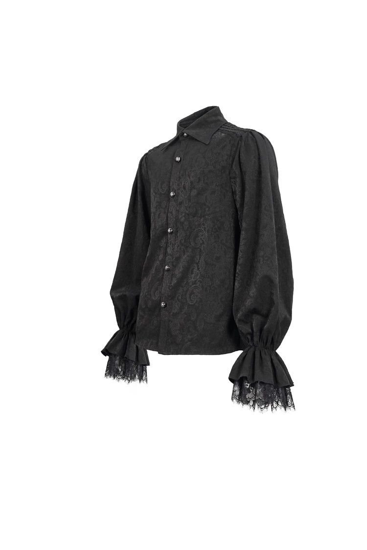 Black Lapel Collar Puff Sleeved Lace Hem Gothic Shirt
