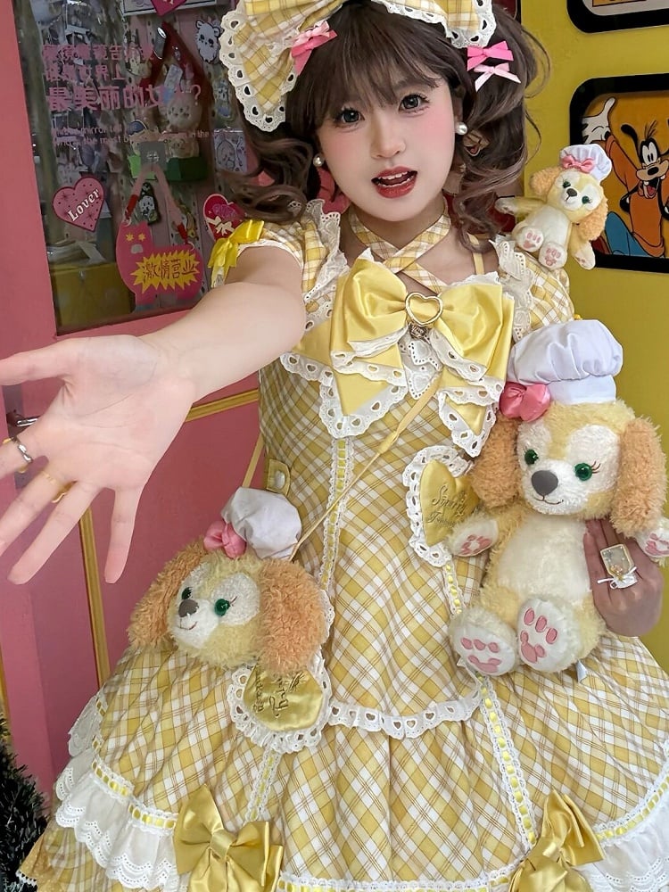[pre-order Deadline: May 10] Blue/yellow/pink Sweetheart Lolita Ribbon Puff Sleeve Tiered Dress + Bunny Ear Full Set + Cat Ear Full Set