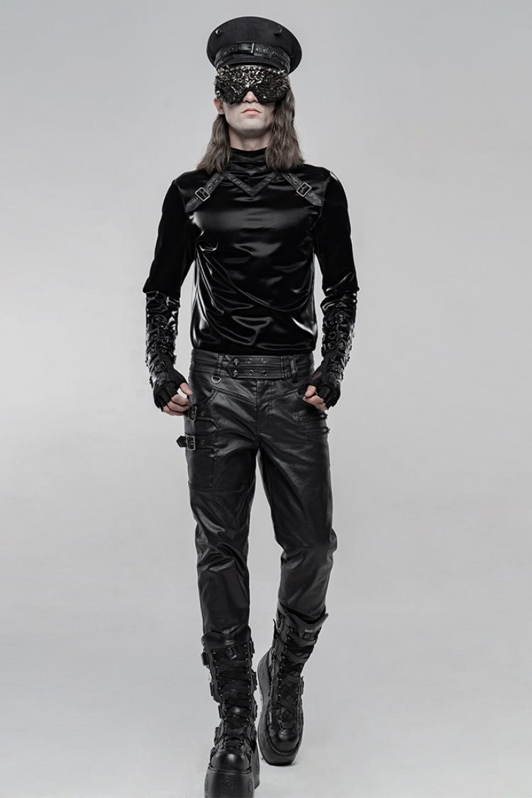 Black High Collar Long Sleeves Imitation Shark Skin Stitching Gothic T-shirt