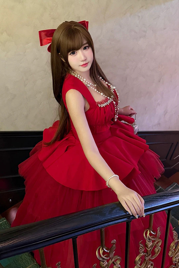 Red [romantic Rose] Square Collar Sleeveless Ruffled Classic Ballet Lolita Dress