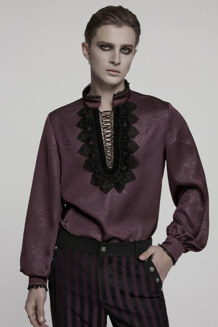 Red Stand Collar Long Sleeves Ruffle Embroidery Lace-up Plunging Rose Gothic Blouse