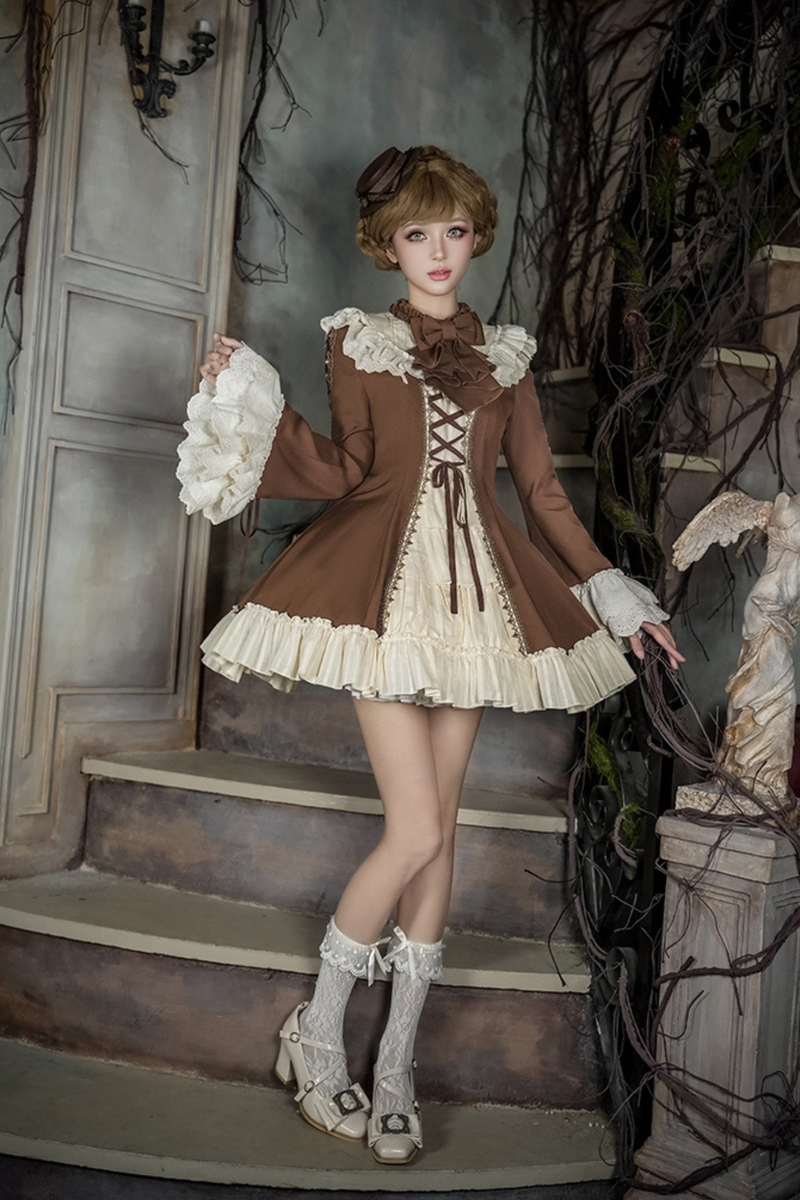 Lace Stand Collar Flared Sleeve Twin Doll Lolita Dress + Collar + Hat