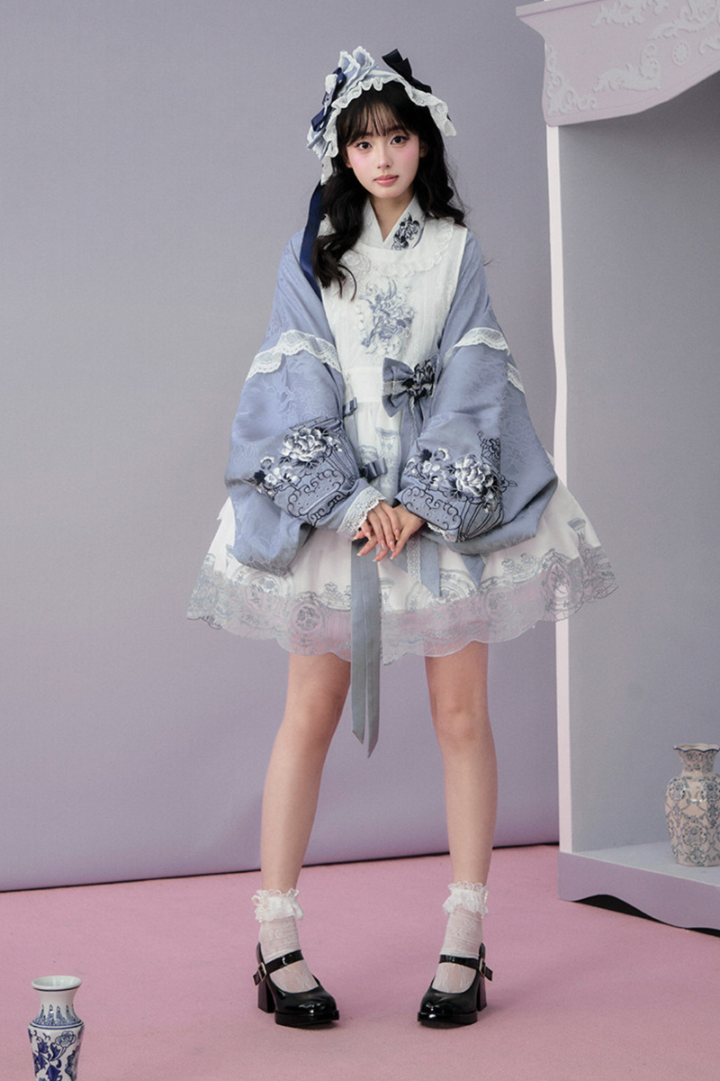 Chinese-style Jacket + Skirt + Overskirt + Ribbon + Brooch + Headband
