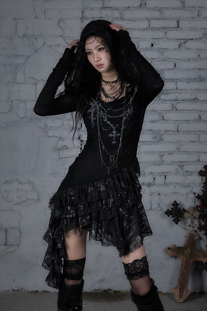 Punk Lace Hood Asymmetrical Dress