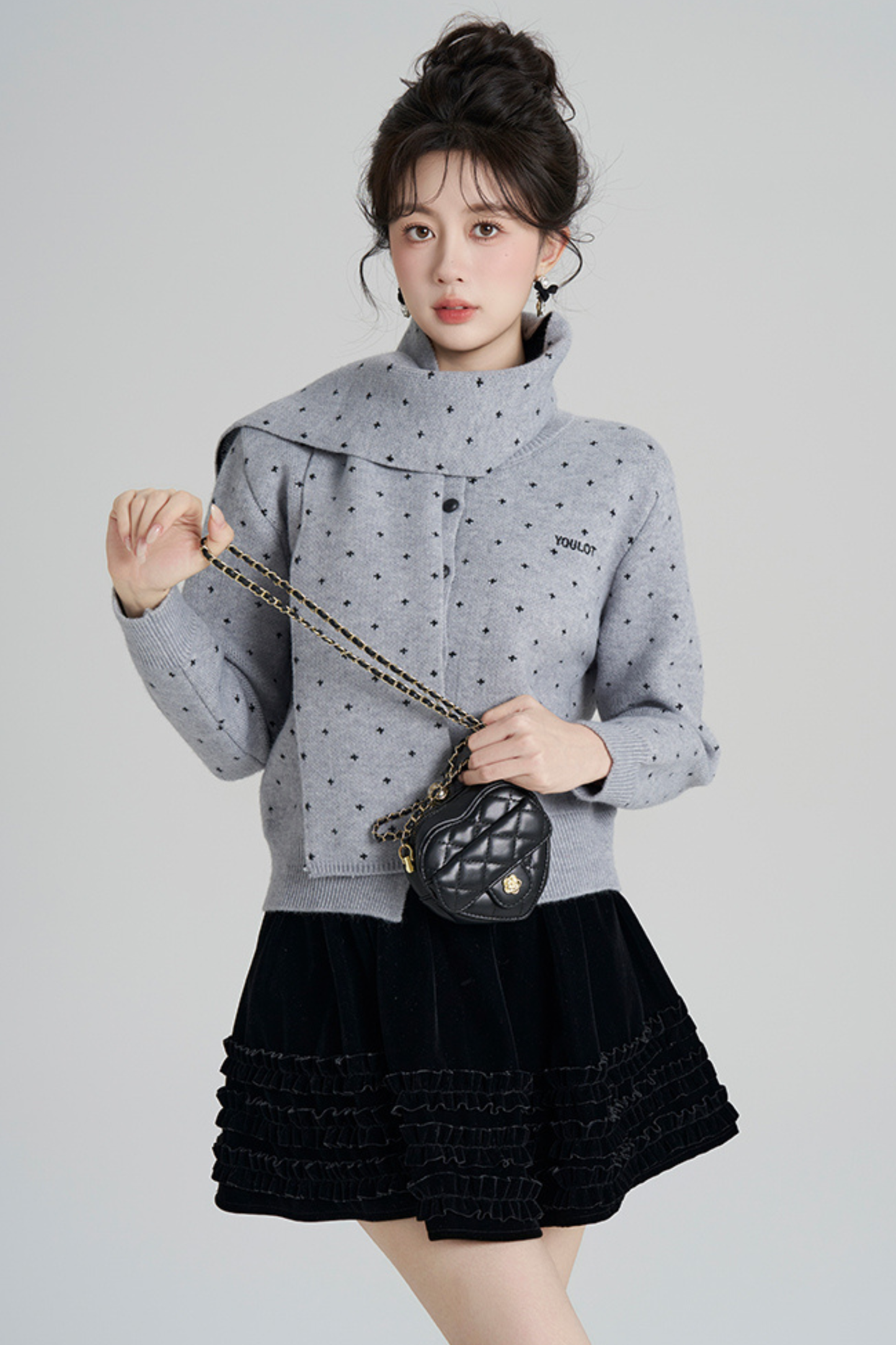 French Style Dotted Cardigan With Scarf