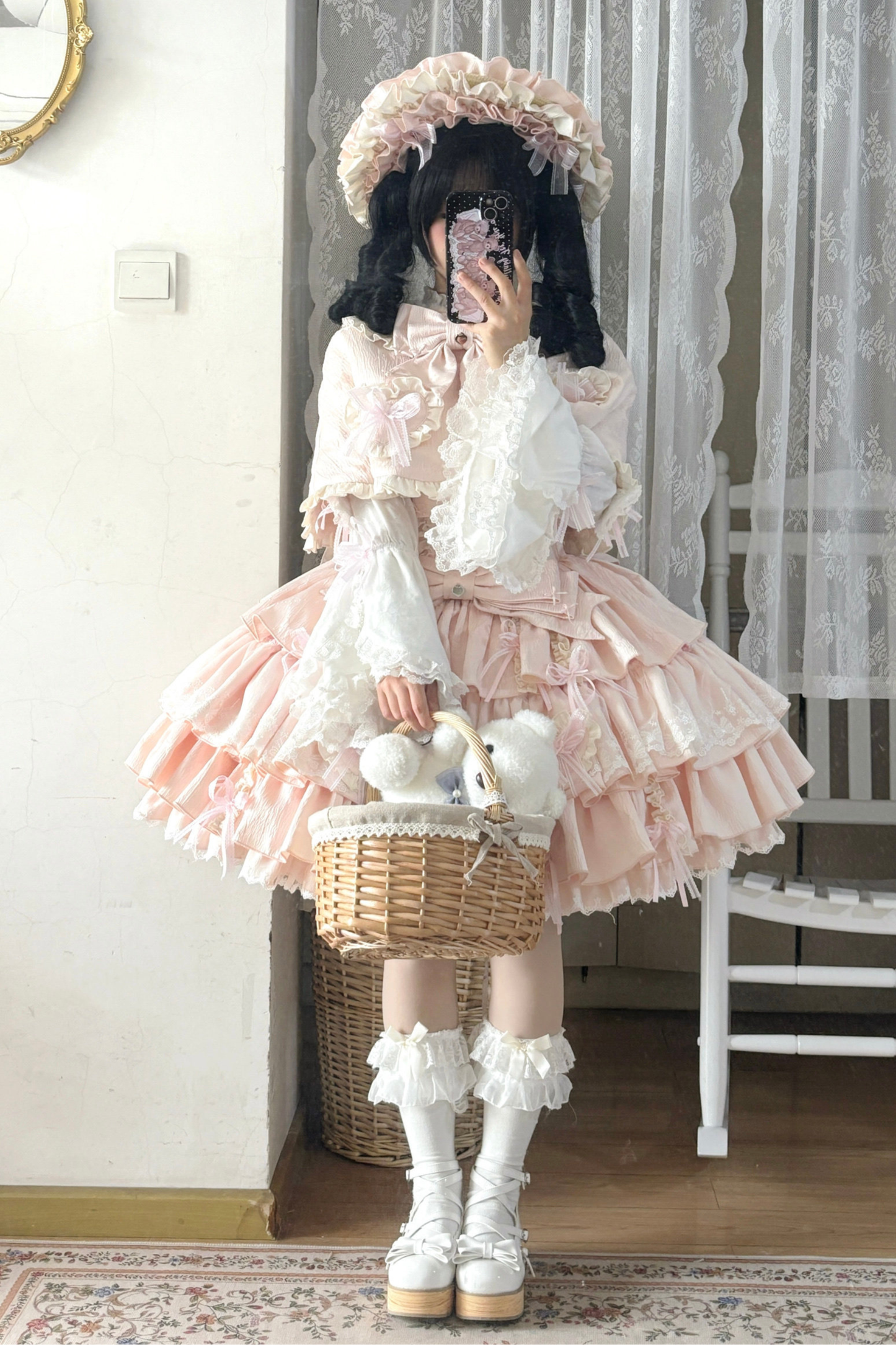 Layered Ruffle Sweet Princess Lolita Jumper Skirt + Tail + Headband + Cape + Bonnet