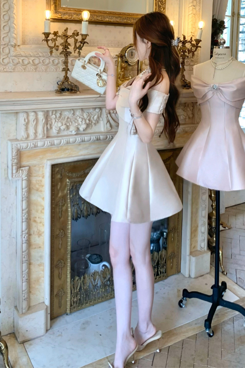 Off Shoulder Ribbon Short Flare Dress + Long Flare Dress