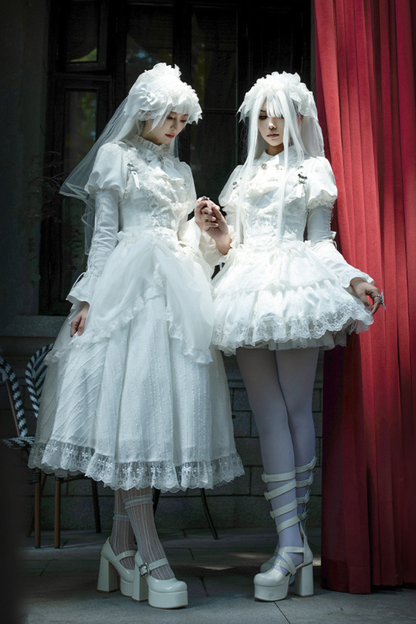 White Gothic Gemini Lolita Dress + Corset + Ribbon + Headband + Veil